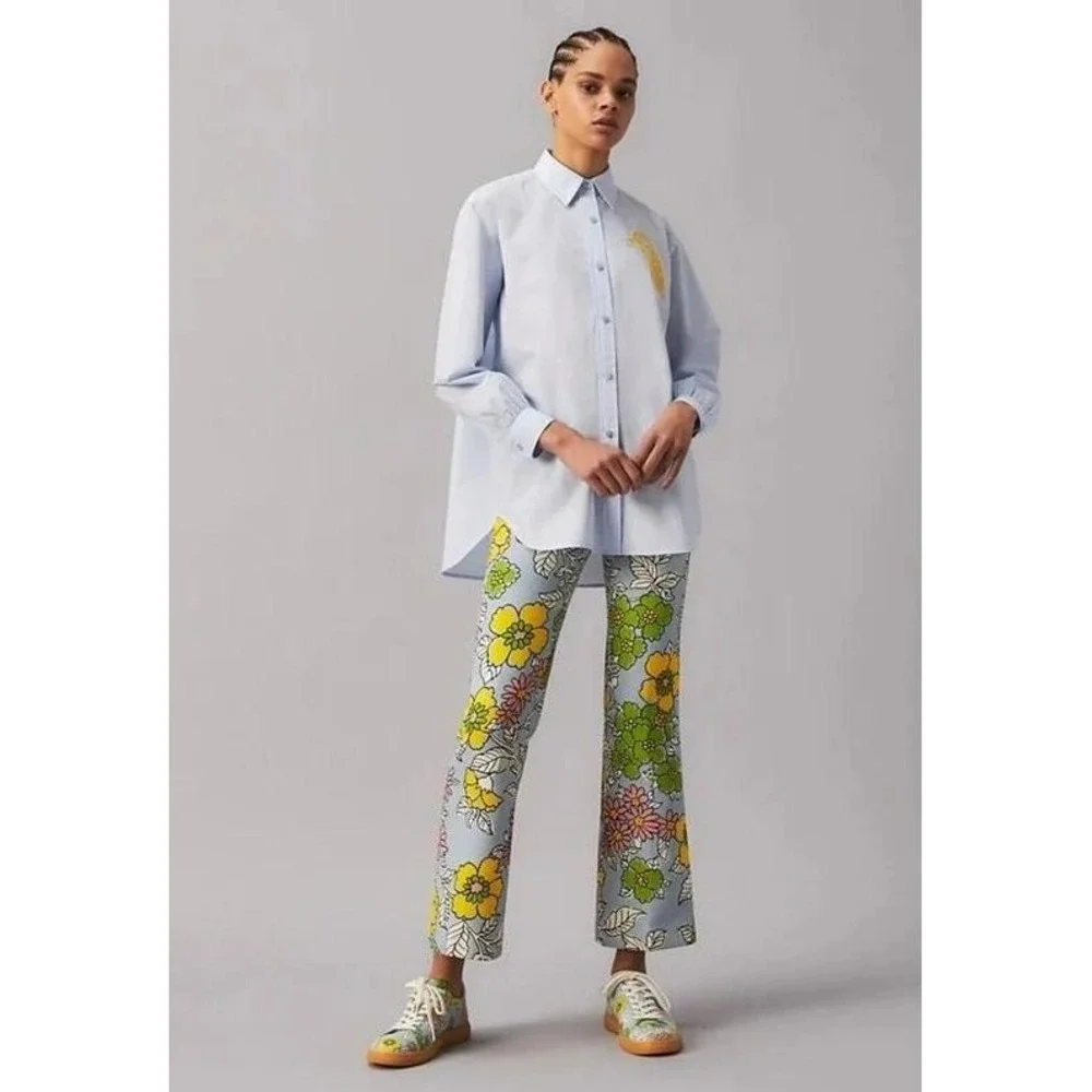 Tory Burch Button-Up Shirt Womens Size L Blue NWT Owl Embroidery Long Sleeve - Picture 2 of 12